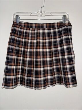 Urban Outfitters Plaid Pleated Mini Skirt in Black, Brown, and Cream